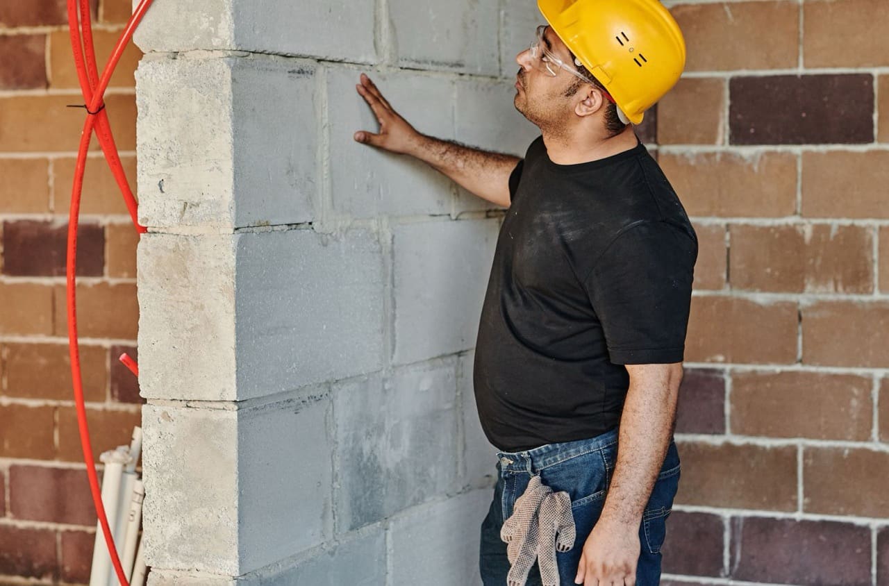 Handwerker begutachtet eine Ziegelwand auf der Baustelle