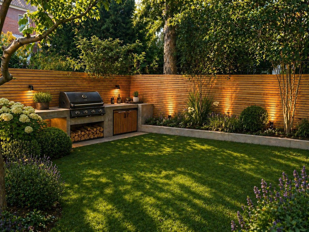 Fertig angelegter Garten mit Außenküche und Beleuchtung