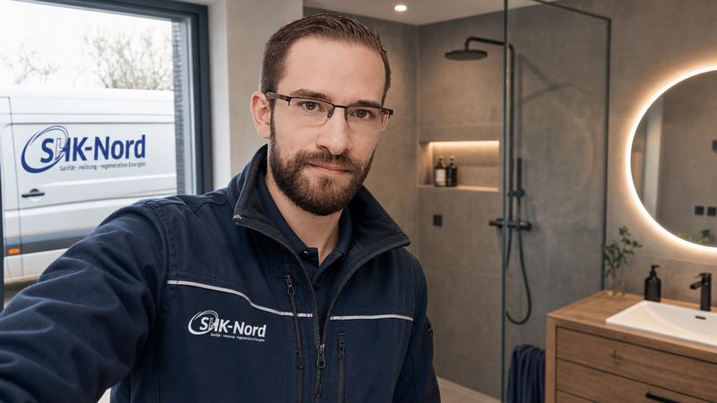 Servicetechniker in einem fertig sanierten Bad