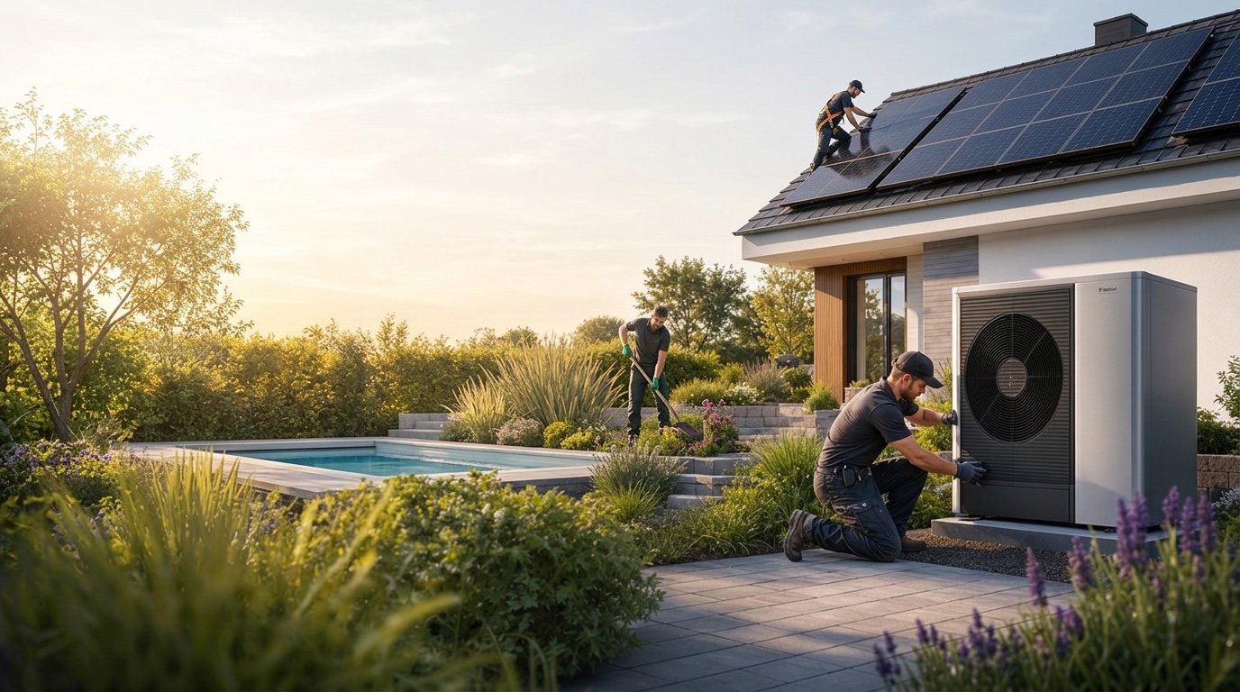 Handwerker bei Garten- und Landschaftsbau, Wärmepumpen-Installation und Photovoltaik-Montage an einem modernen Haus